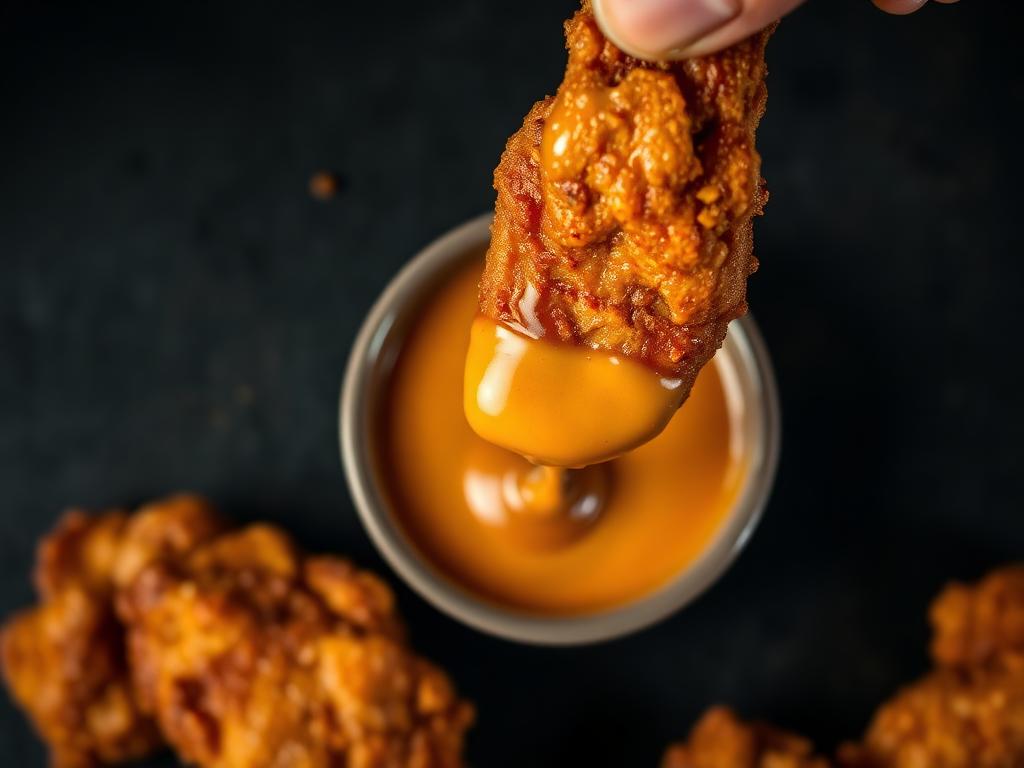 Tender being dipped into signature sauce